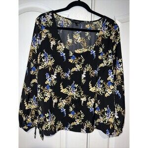 Banana Republic Top Womens XL Black Multicolor Long Sleeve Buttons Ties Flowy